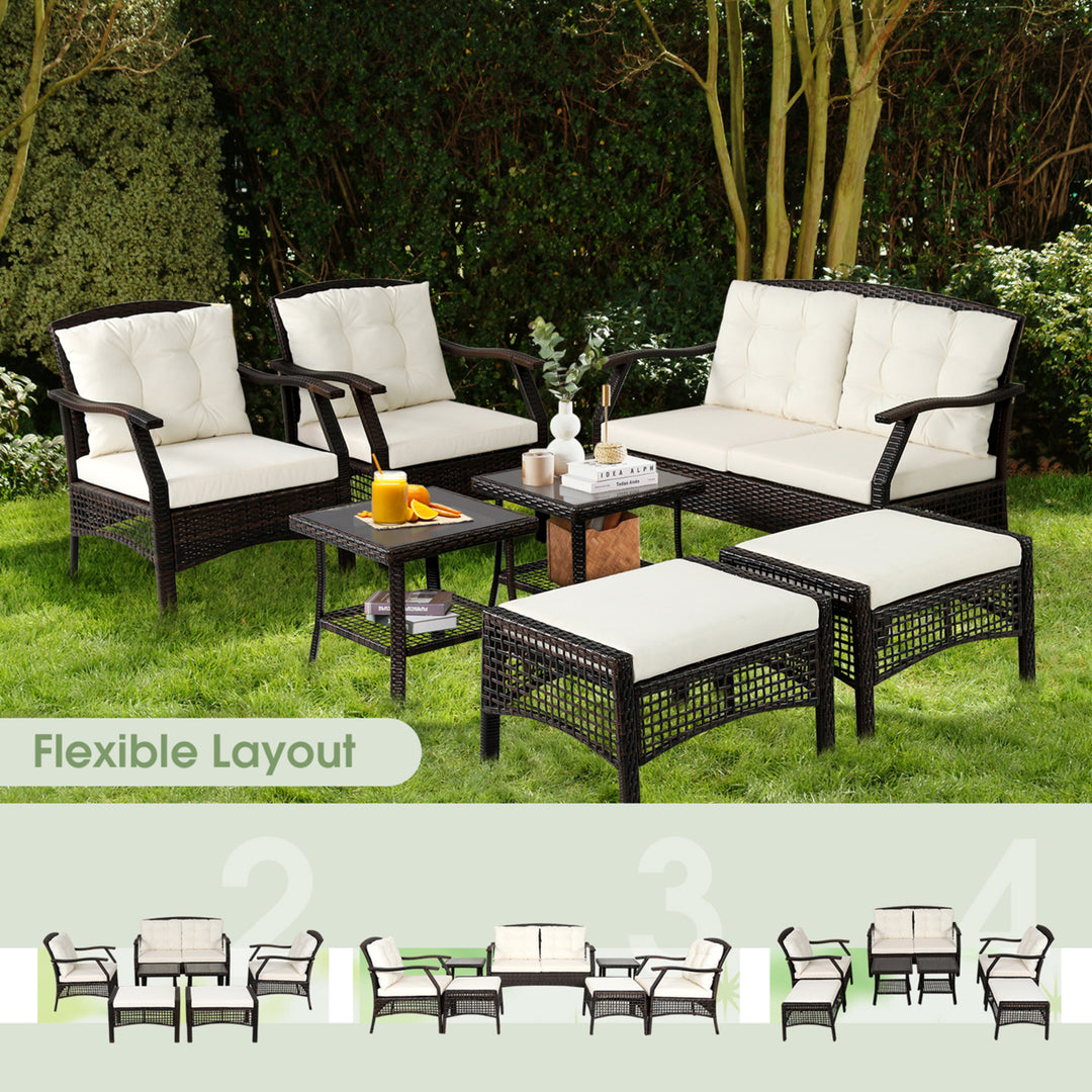 7PCS Rattan Patio Conversation Sofa Furniture Set w/ Cushions and Waterproof Cover Image 9