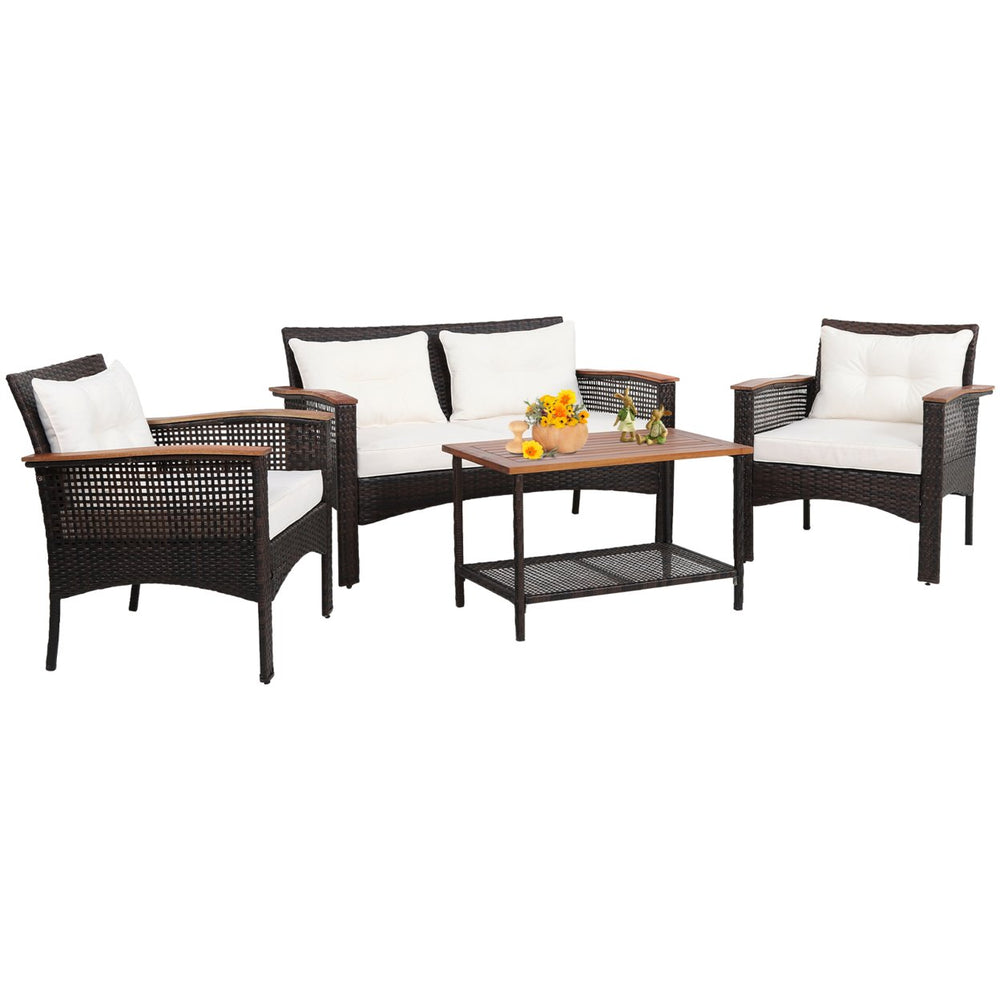 4PCS Rattan Patio Furniture Set Acacia Wood Outdoor Conversation Set w/ Cushions Image 2