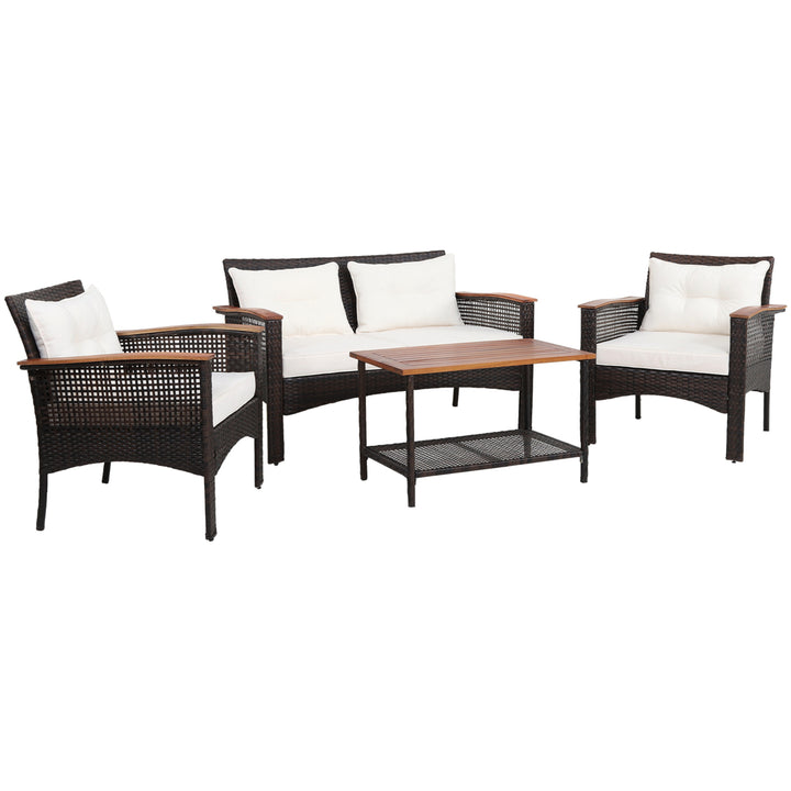 4PCS Rattan Patio Furniture Set Acacia Wood Outdoor Conversation Set w/ Cushions Image 10