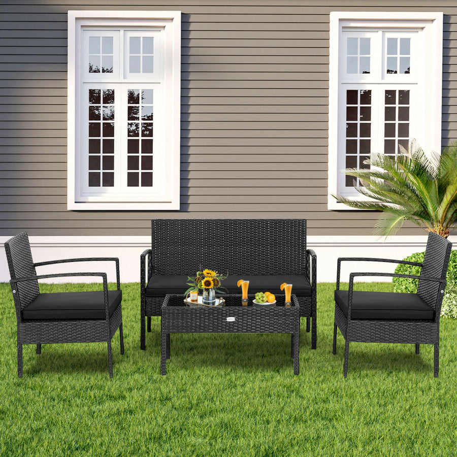 4PCS Rattan Patio Conversation Set Outdoor Wicker Furniture Set w/ Cushions Image 1