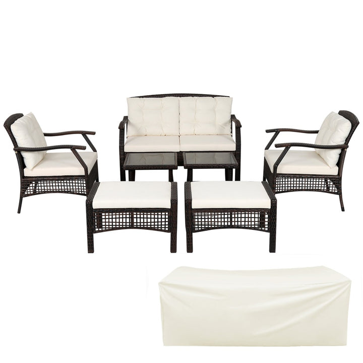 7PCS Rattan Patio Conversation Sofa Furniture Set w/ Cushions and Waterproof Cover Image 2