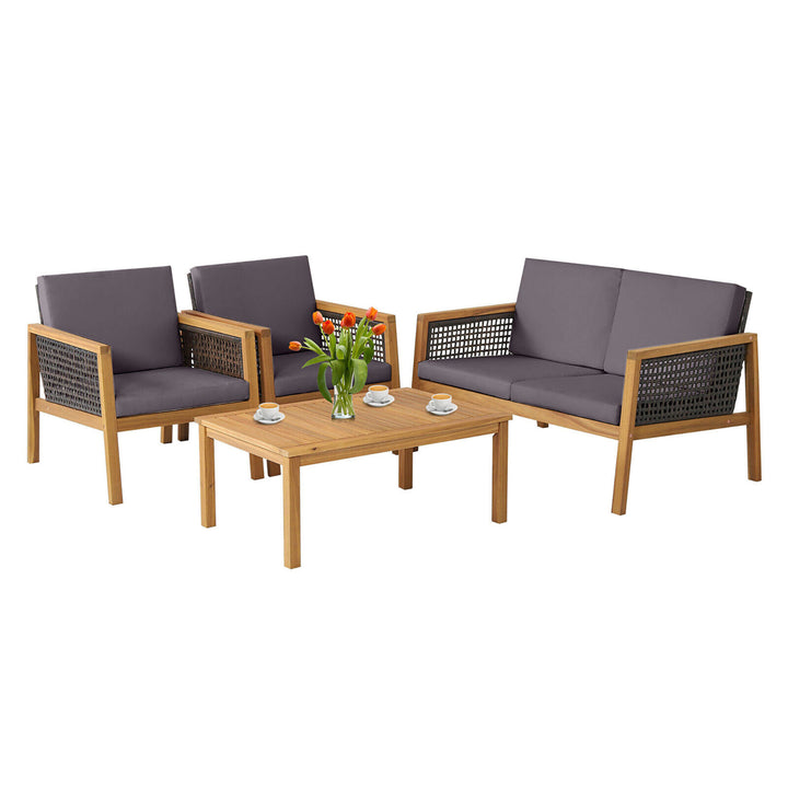 4PCS Patio Acacia Wood Furniture Set PE Rattan Conversation Set w/ Grey Cushions Image 2