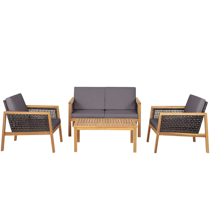 4PCS Patio Acacia Wood Furniture Set PE Rattan Conversation Set w/ Grey Cushions Image 3