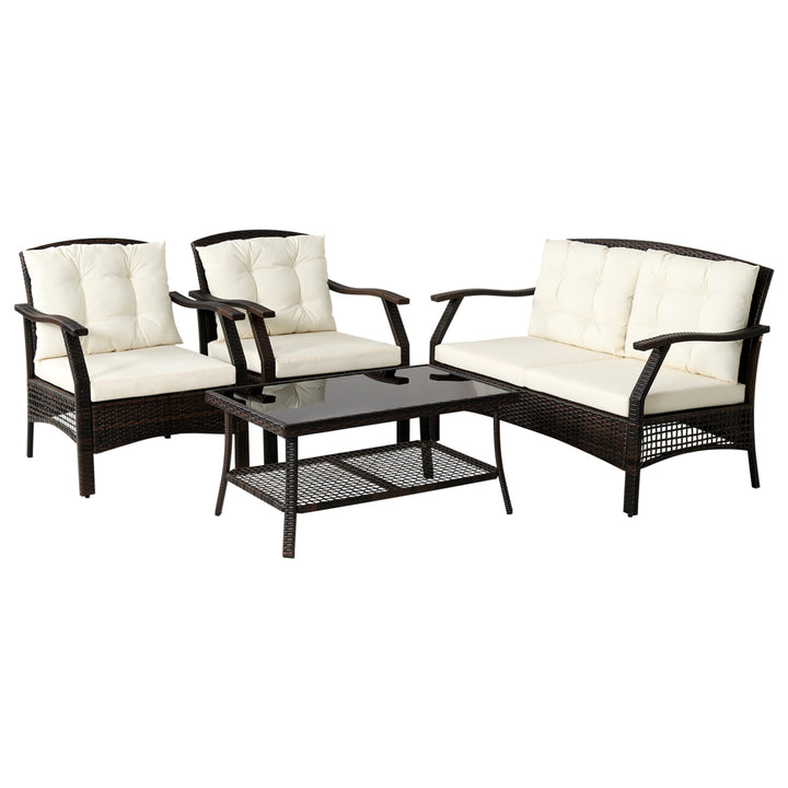 4PCS Rattan Patio Conversation Furniture Set Wicker Sofa Set w/ Waterproof Cover Image 2