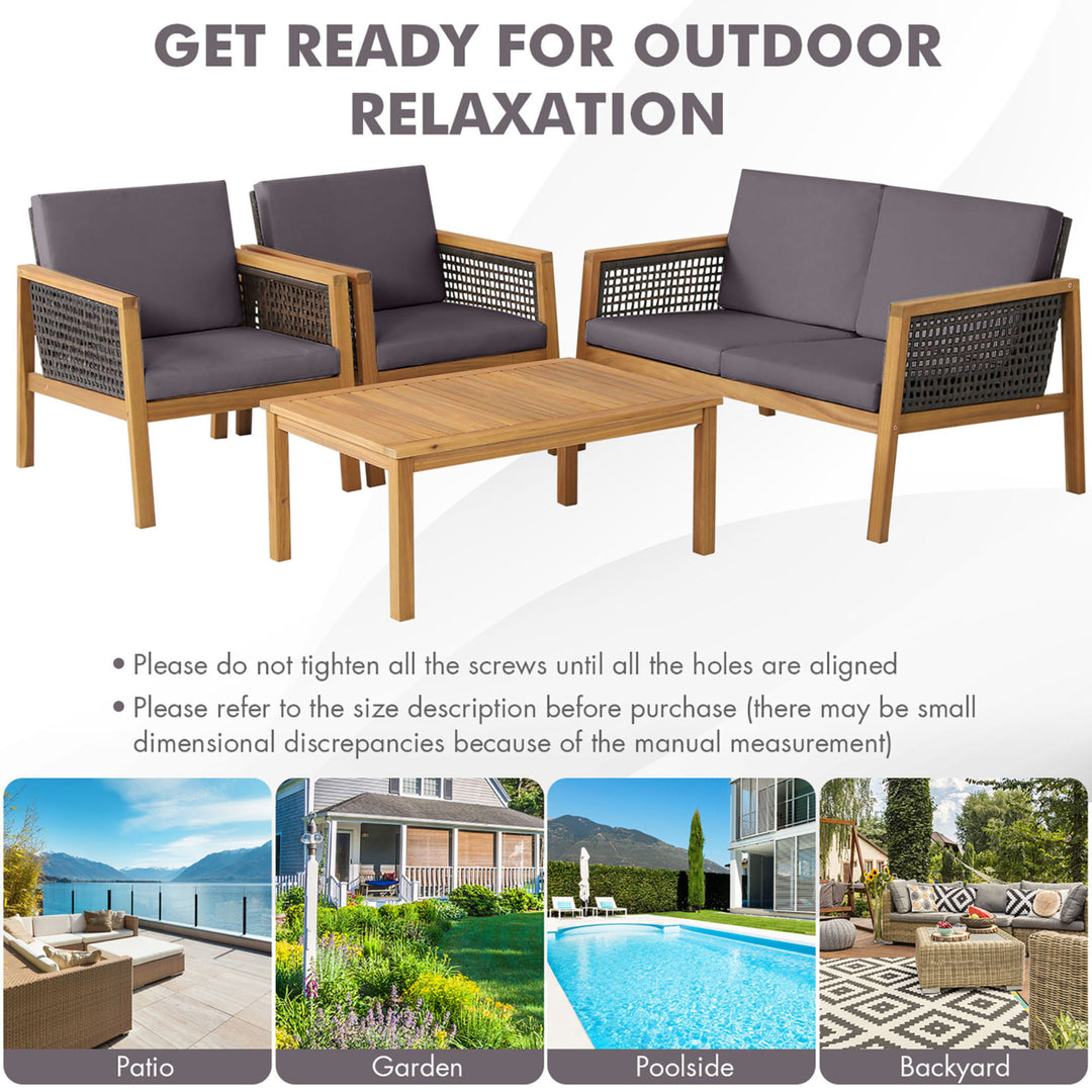 4PCS Patio Acacia Wood Furniture Set PE Rattan Conversation Set w/ Grey Cushions Image 5