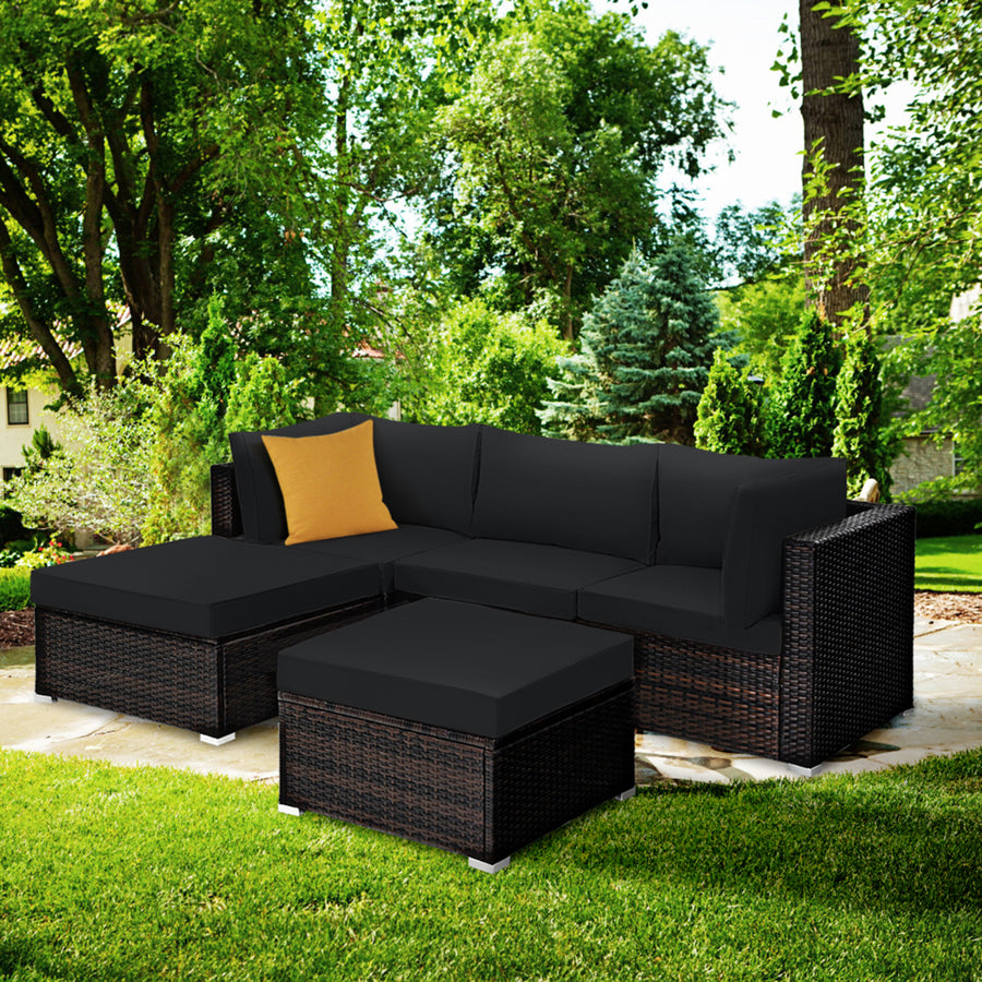 5PCS Rattan Patio Conversation Set Outdoor Furniture Set w/ Black Cushions Image 1