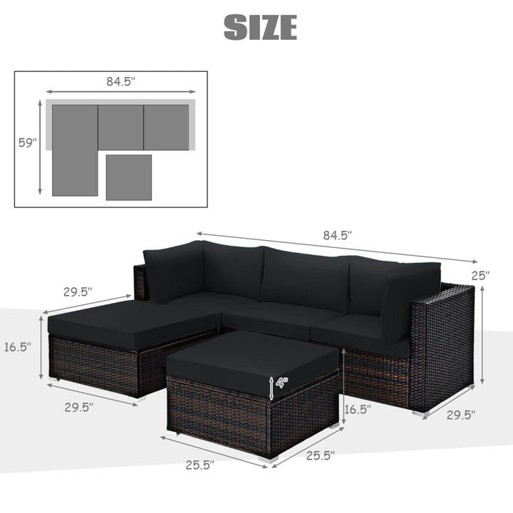 5PCS Rattan Patio Conversation Set Outdoor Furniture Set w/ Black Cushions Image 3