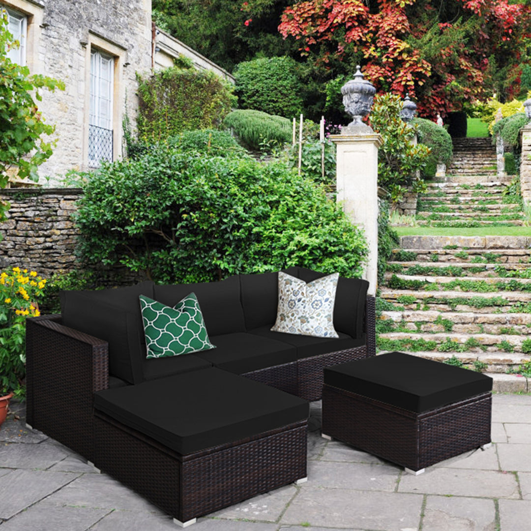 5PCS Rattan Patio Conversation Set Outdoor Furniture Set w/ Black Cushions Image 10