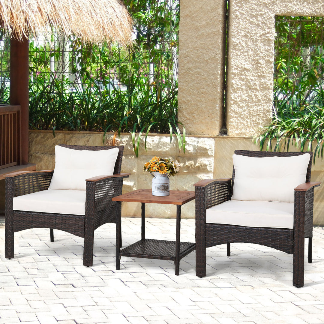 3PCS Patio Conversation Furniture Set PE Rattan Sofa Set W/Wood Top Table Image 4