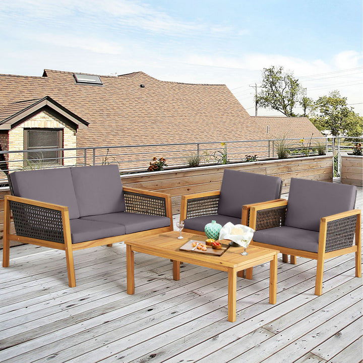 4PCS Patio Acacia Wood Furniture Set PE Rattan Conversation Set w/ Grey Cushions Image 9