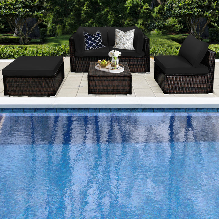 5PCS Rattan Patio Conversation Set Outdoor Furniture Set w/ Black Cushions Image 5