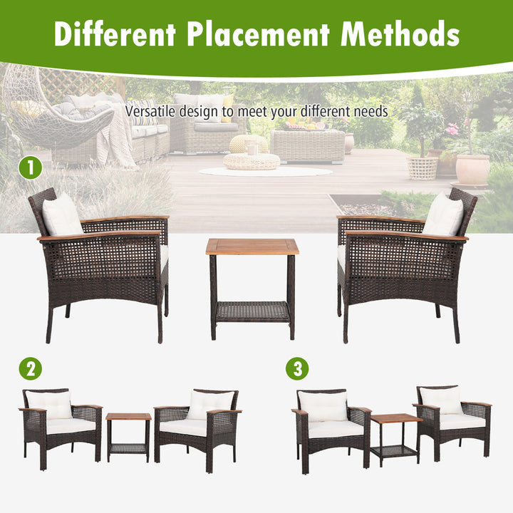 3PCS Patio Conversation Furniture Set PE Rattan Sofa Set W/Wood Top Table Image 7