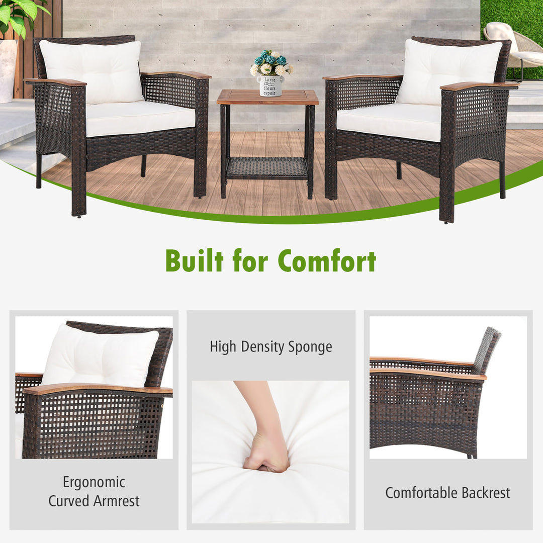 3PCS Patio Conversation Furniture Set PE Rattan Sofa Set W/Wood Top Table Image 8