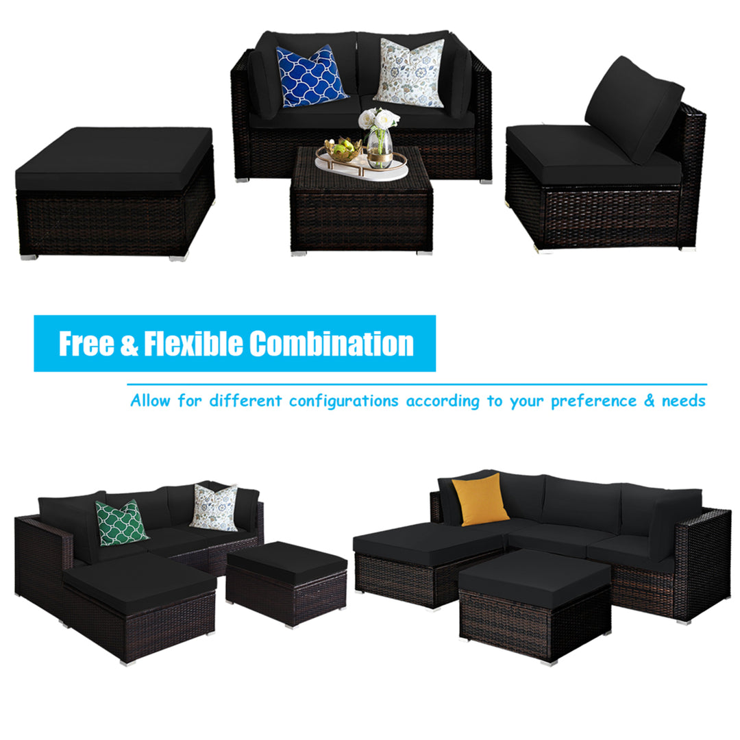 5PCS Rattan Patio Conversation Set Outdoor Furniture Set w/ Black Cushions Image 7