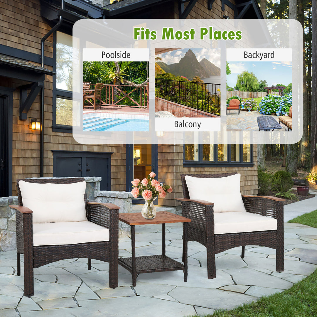 3PCS Patio Conversation Furniture Set PE Rattan Sofa Set W/Wood Top Table Image 9