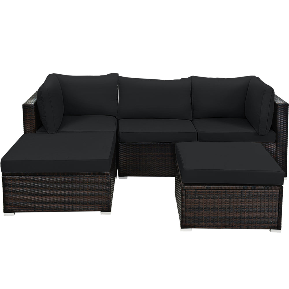 5PCS Rattan Patio Conversation Set Outdoor Furniture Set w/ Black Cushions Image 2