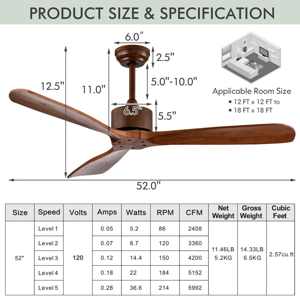 52 Modern Ceiling Fan No Light Indoor Outdoor w/Remote Control Image 2