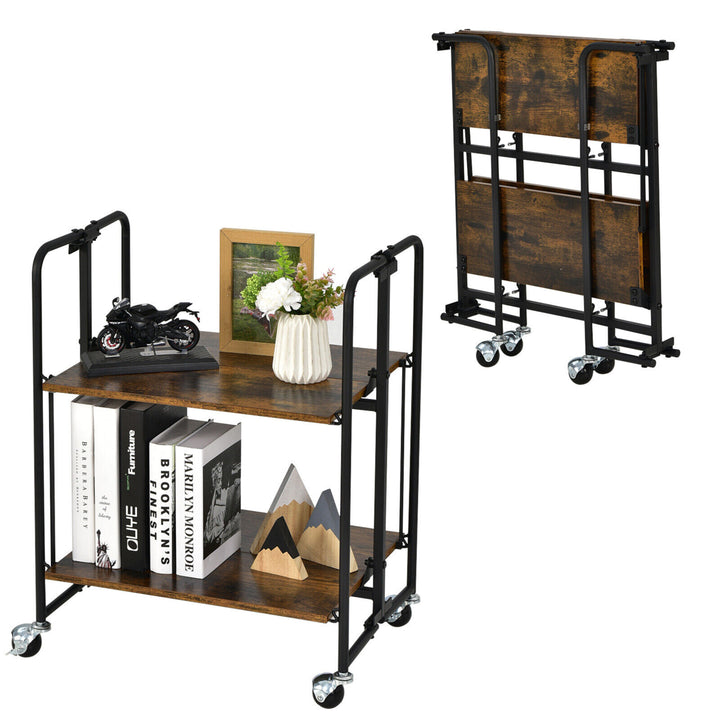 2-Tier Folding Bar Cart Kitchen Serving Island Utility Cart Storage Shelves Image 1