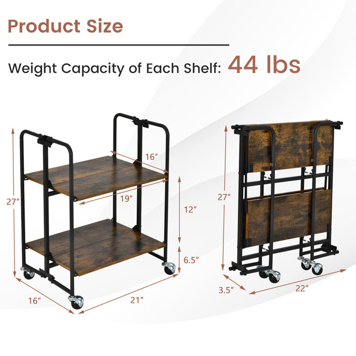 2-Tier Folding Bar Cart Kitchen Serving Island Utility Cart Storage Shelves Image 2