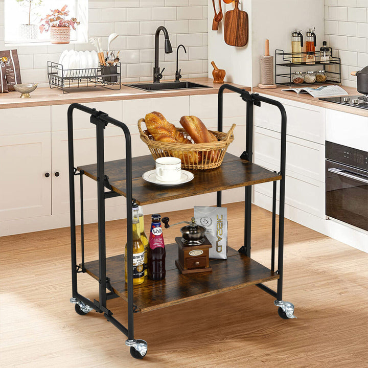 2-Tier Folding Bar Cart Kitchen Serving Island Utility Cart Storage Shelves Image 3