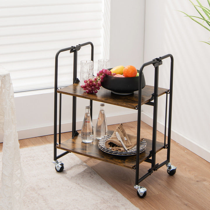 2-Tier Folding Bar Cart Kitchen Serving Island Utility Cart Storage Shelves Image 4