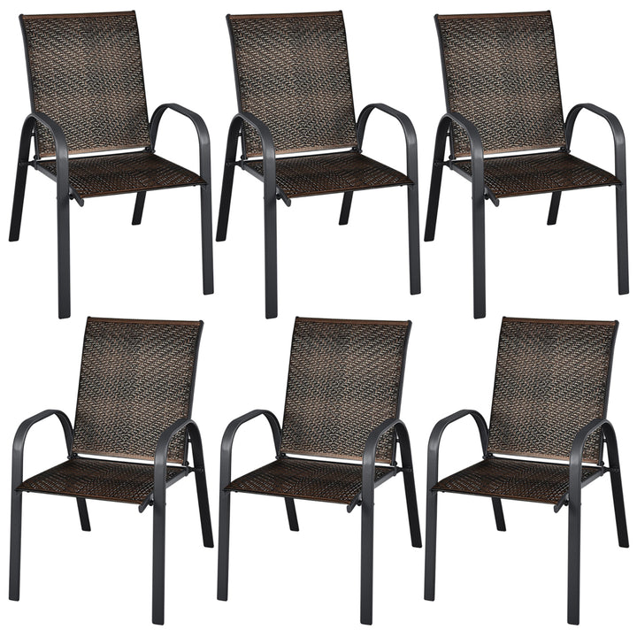 6PCS Outdoor PE Wicker Stacking Dining Chairs Patio Arm Chairs Image 5