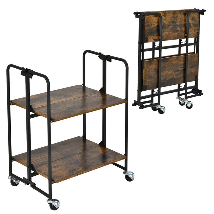 2-Tier Folding Bar Cart Kitchen Serving Island Utility Cart Storage Shelves Image 10