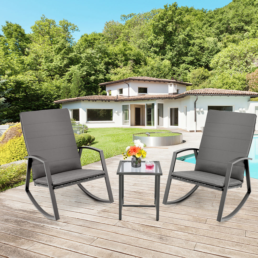 3PCS Rattan Bistro Rocking Chair Set Patio Furniture Set w/ Cushions Image 5