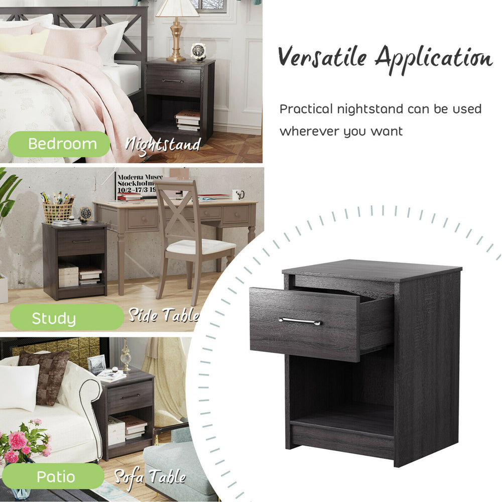 Nightstand with Drawer Storage Shelf Wooden End Side Table Bedroom Brown / Black / Natural Image 2