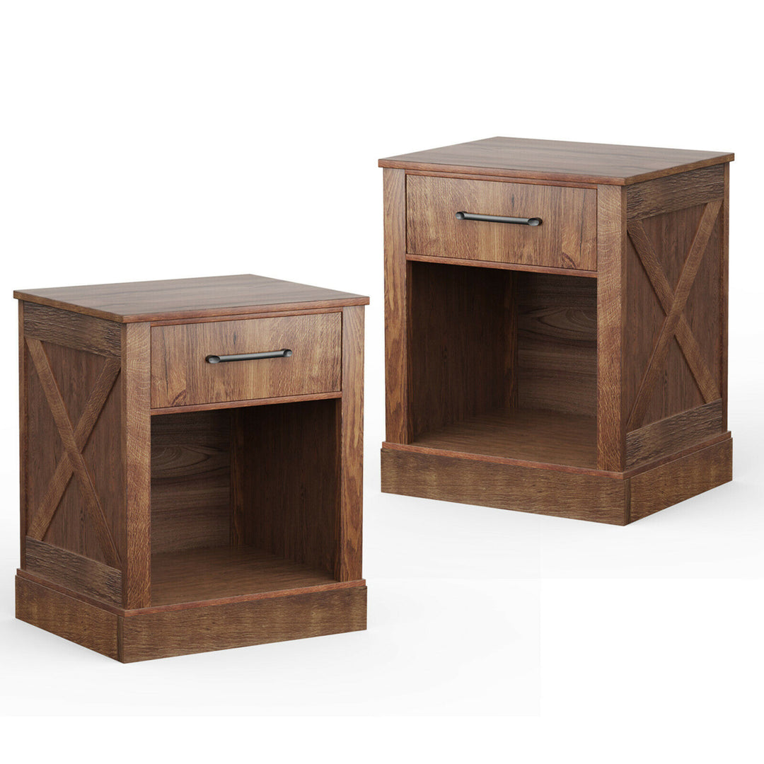 2PCS Nightstand with Drawer and Shelf Rustic Wooden Bedside Table Bedroom Brown / Natural / Black Image 4