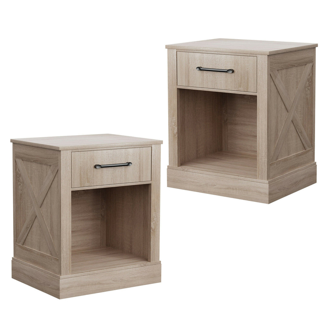 2PCS Nightstand with Drawer and Shelf Rustic Wooden Bedside Table Bedroom Brown / Natural / Black Image 5