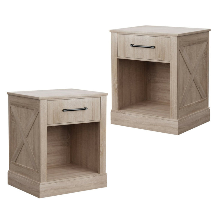 2PCS Nightstand with Drawer and Shelf Rustic Wooden Bedside Table Bedroom Brown / Natural / Black Image 1