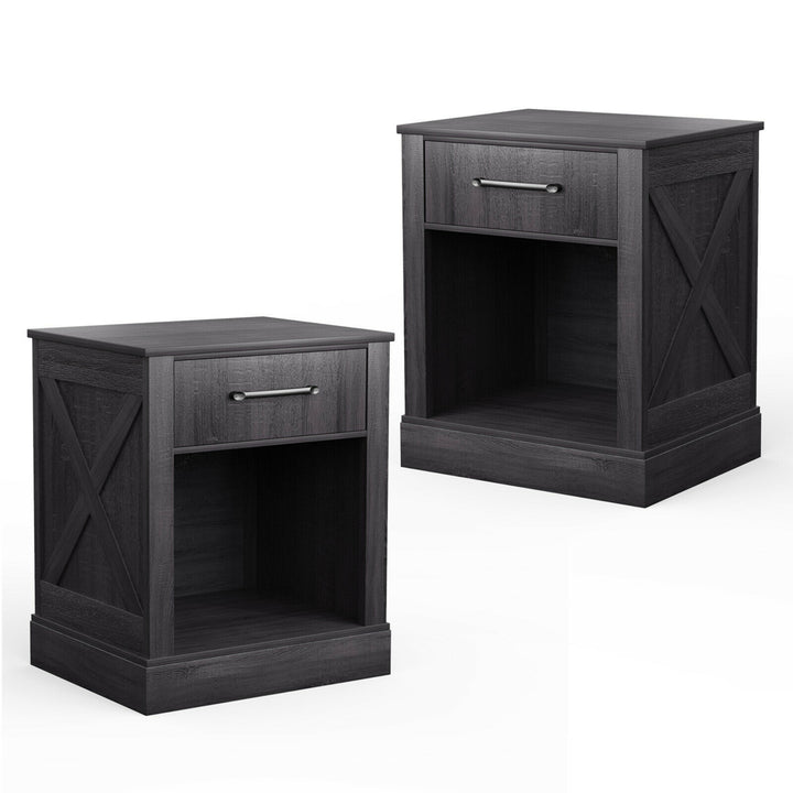 2PCS Nightstand with Drawer and Shelf Rustic Wooden Bedside Table Bedroom Brown / Natural / Black Image 6