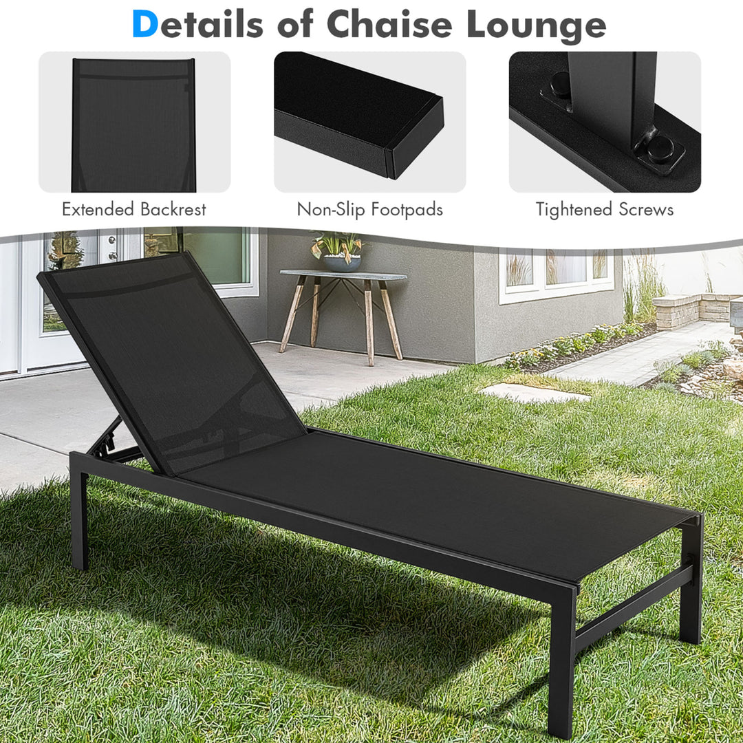 2PCS Patio Chaise Lounge Adjustable Lounge Chair W/ 6-Position Backrest Black Image 8