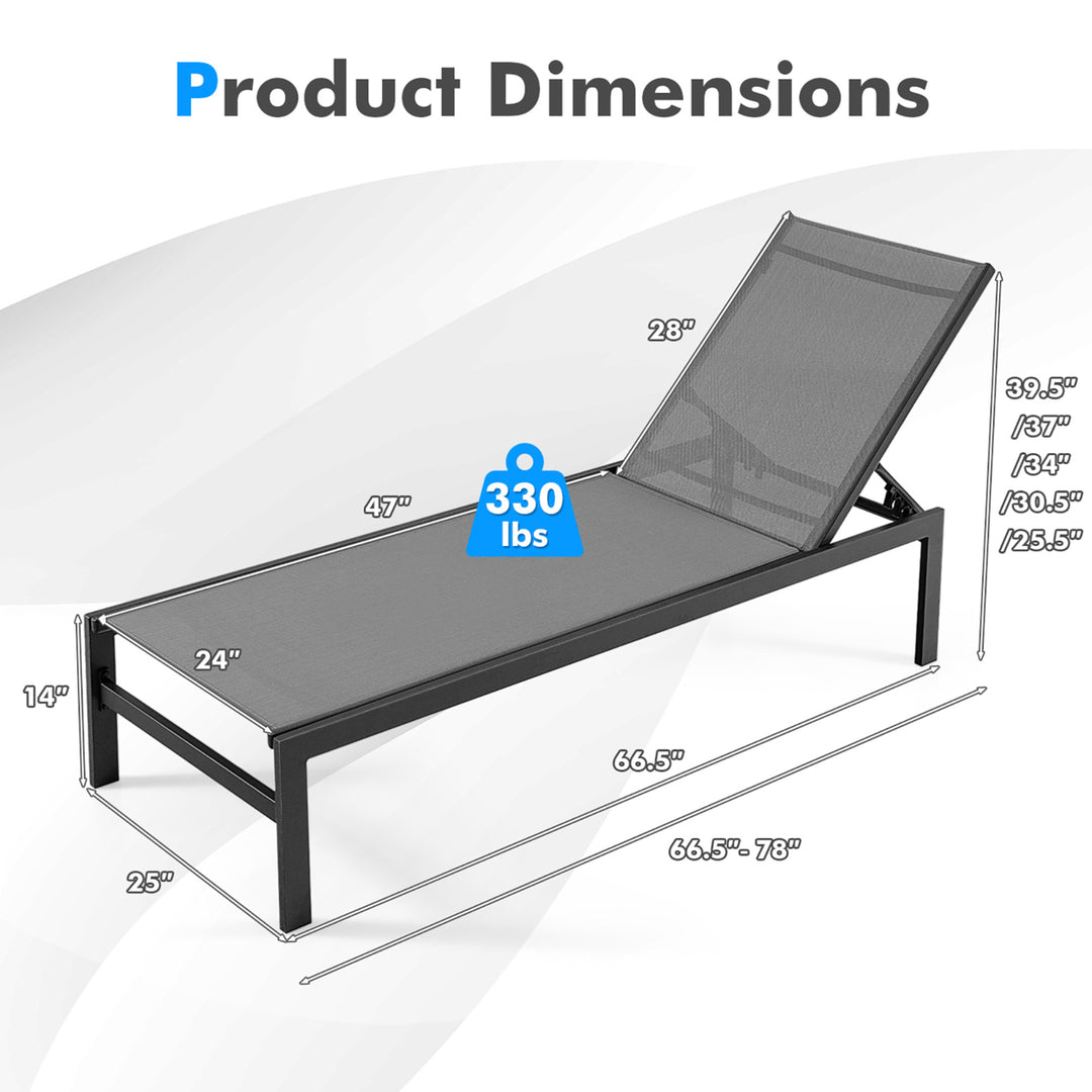 Set Of 2 Patio Chaise Lounge Outdoor Adjustable Lounge Chair W/ 6-Position Backrest Grey Image 2