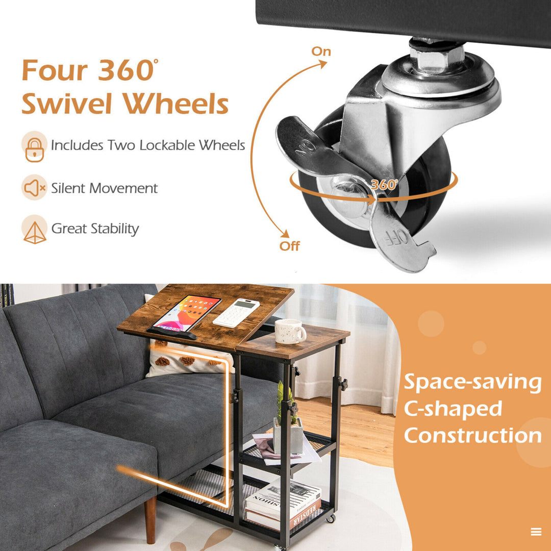 C Shaped Side Table w/ Wheels Height and Tabletop Adjustable Storage Shelf Image 6