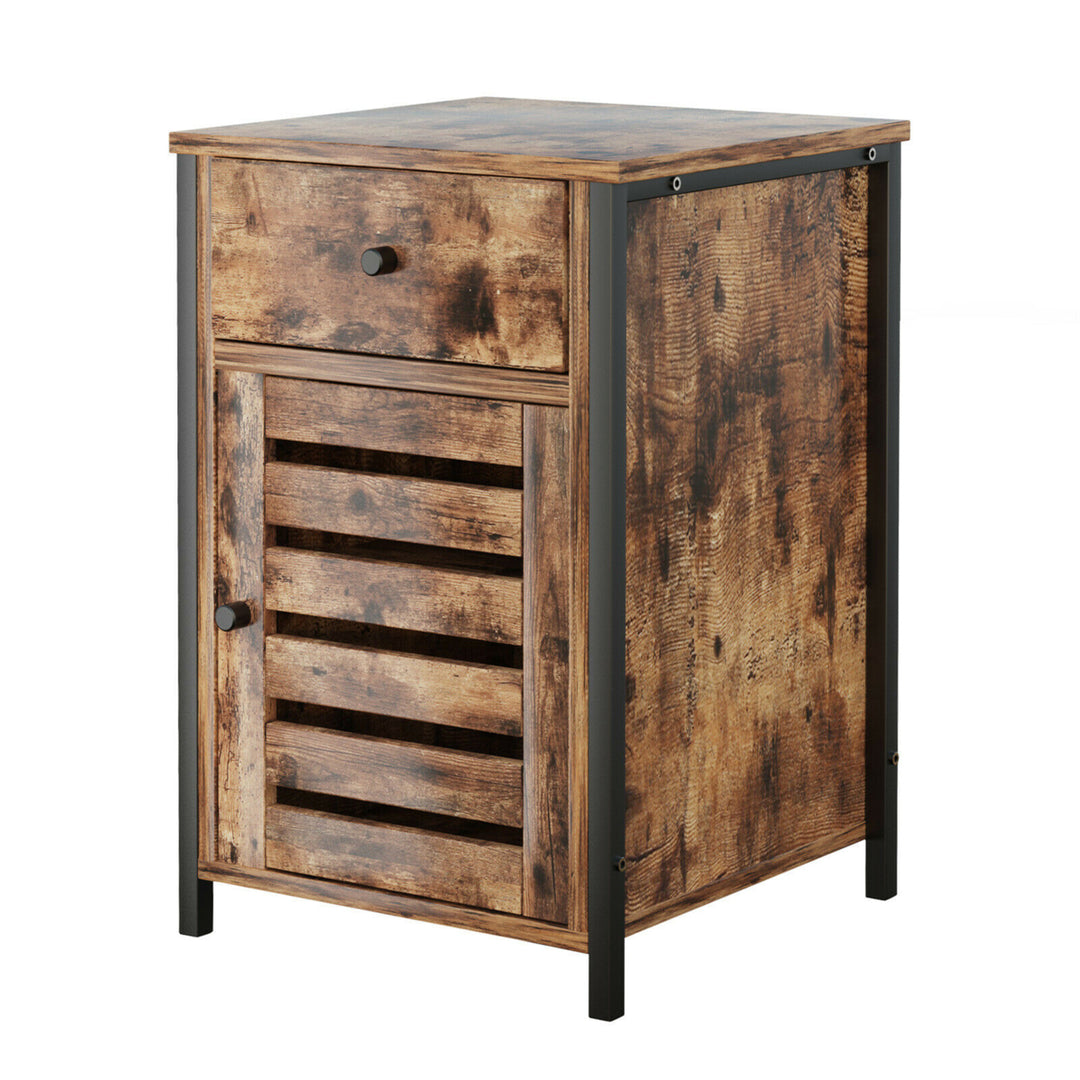 Nightstand with Drawer Cabinet Adjustable Shelf Industrial Side Table Rustic Image 1