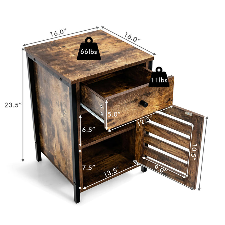 Nightstand with Drawer Cabinet Adjustable Shelf Industrial Side Table Rustic Image 2