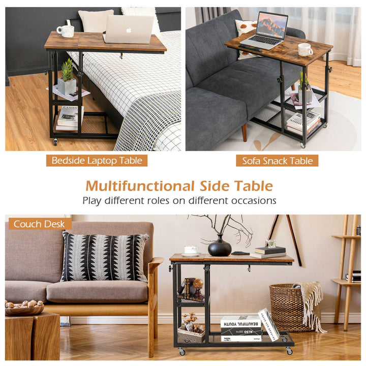 C Shaped Side Table w/ Wheels Height and Tabletop Adjustable Storage Shelf Image 9