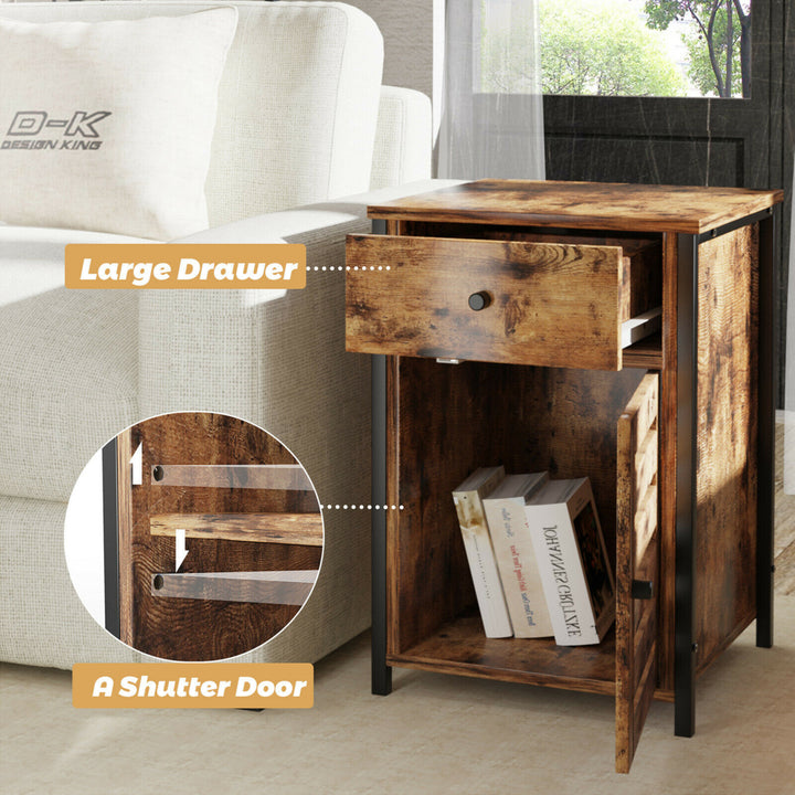 Nightstand with Drawer Cabinet Adjustable Shelf Industrial Side Table Rustic Image 6