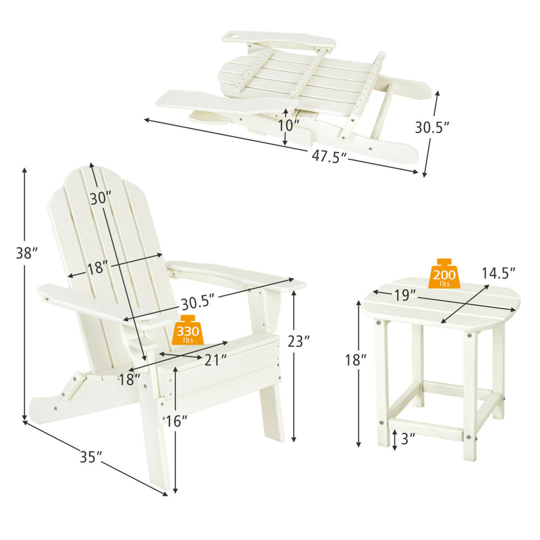 3PC Patio Folding Adirondack Chair Side Table Cup Holder Poolside White Image 2