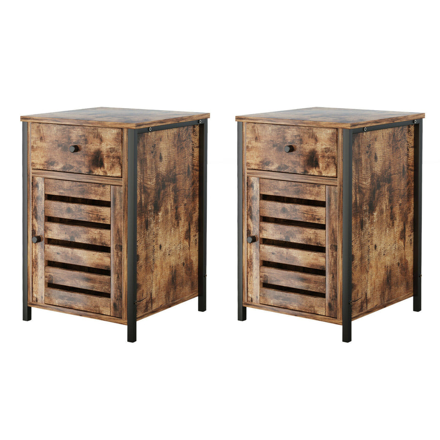 2PCS Nightstand W/ Drawer Cabinet Adjustable Shelf Industrial Side Table Rustic Image 1