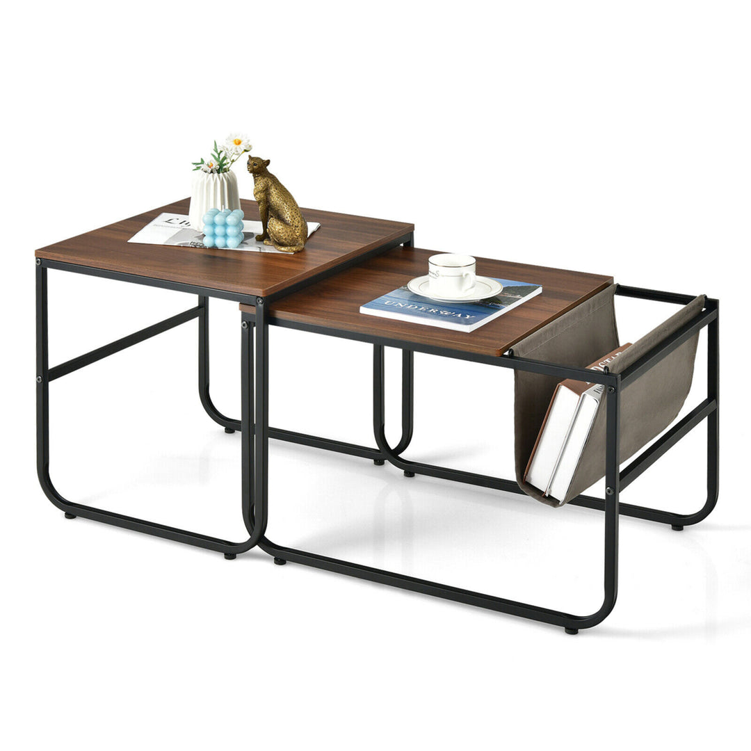 Nesting Coffee Table Set of 2 Industrial Stackable Side Table w/ Magazine Holder Image 1