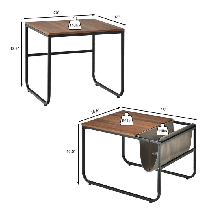 Nesting Coffee Table Set of 2 Industrial Stackable Side Table w/ Magazine Holder Image 2