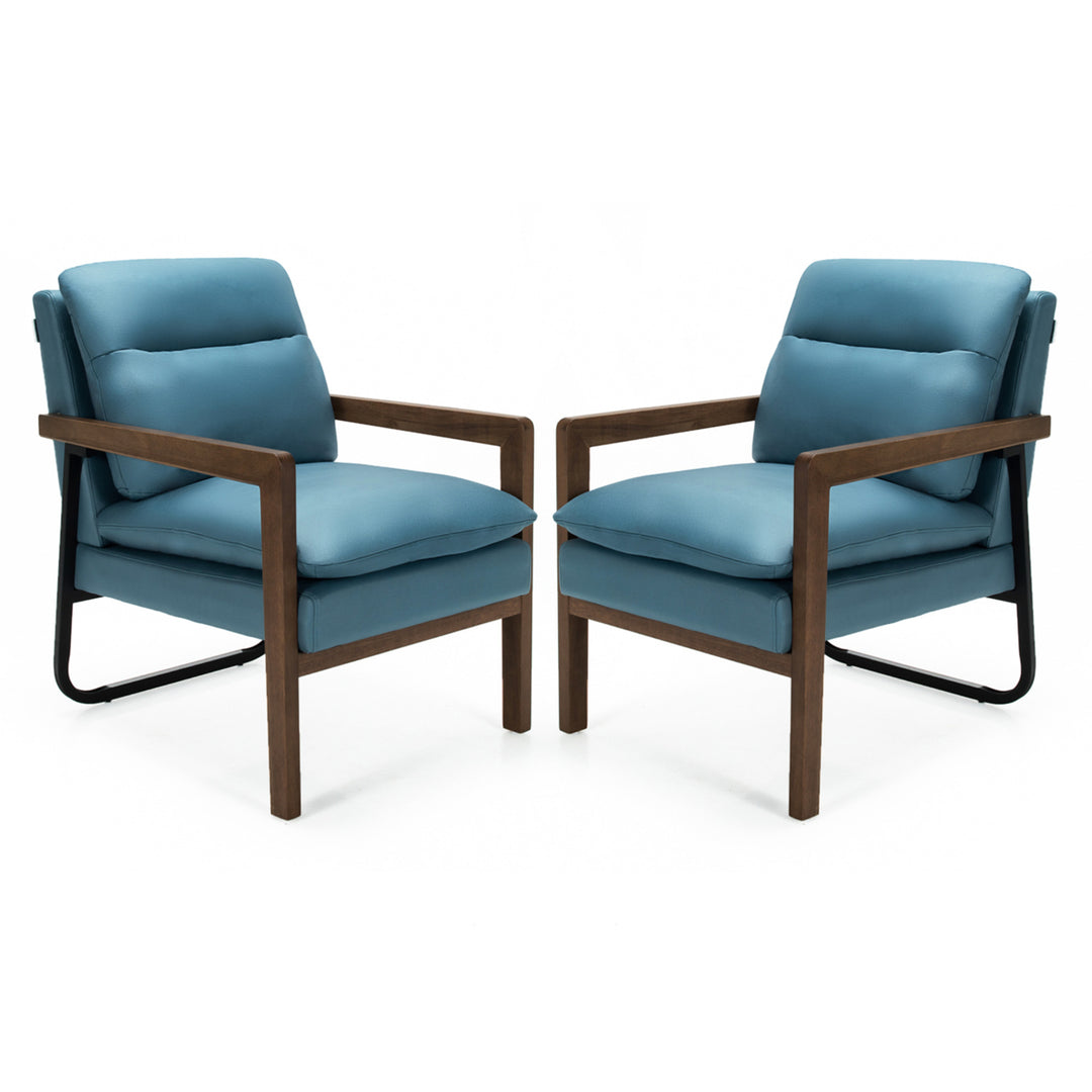 Set of 2 Single Sofa Chair Leisure Accent Chair w/ Wooden Armrests and Legs Blue Image 1