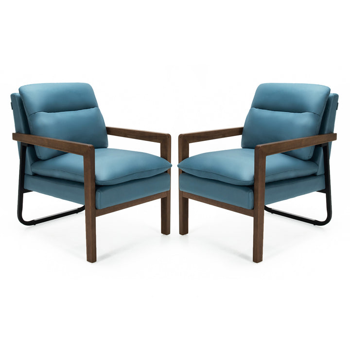 Set of 2 Single Sofa Chair Leisure Accent Chair w/ Wooden Armrests and Legs Blue Image 1