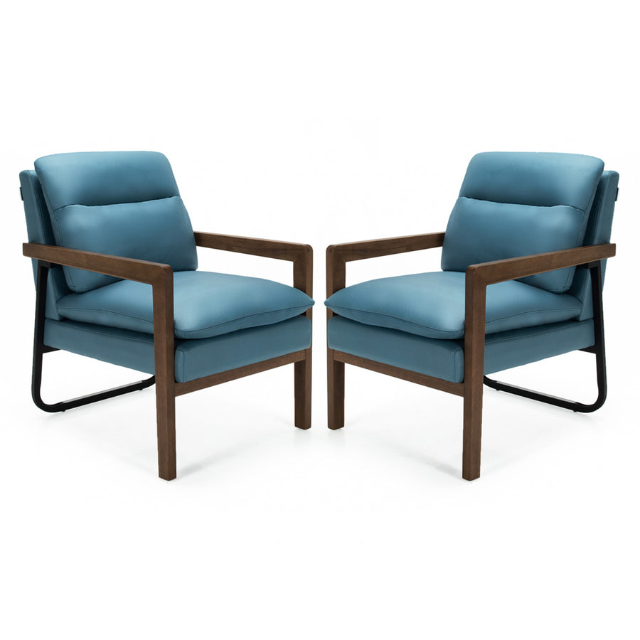 Set of 2 Single Sofa Chair Leisure Accent Chair w/ Wooden Armrests and Legs Blue Image 1