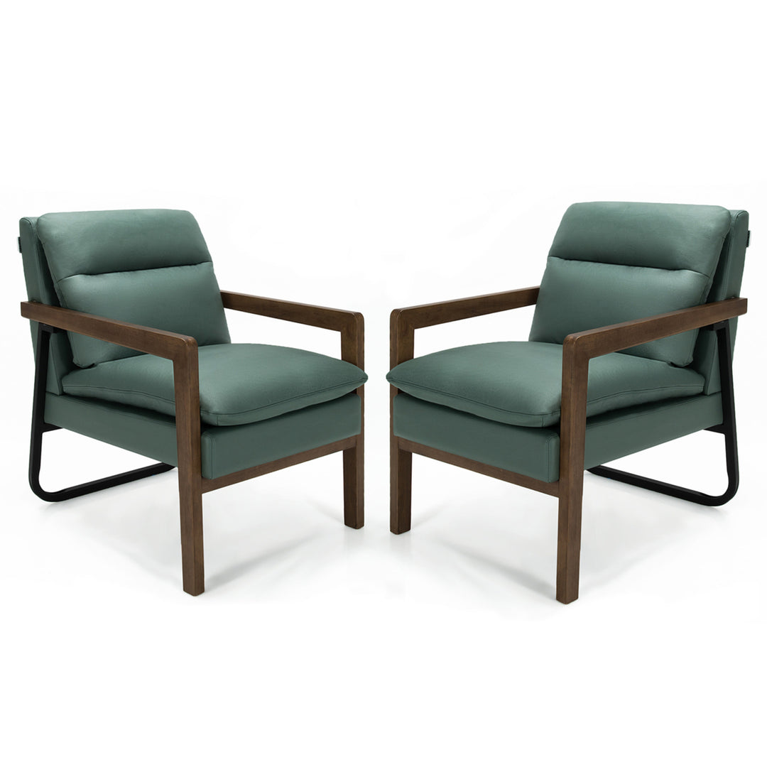 Set of 2 Single Sofa Chair Leisure Accent Chair w/ Wooden Armrests and Legs Green Image 1