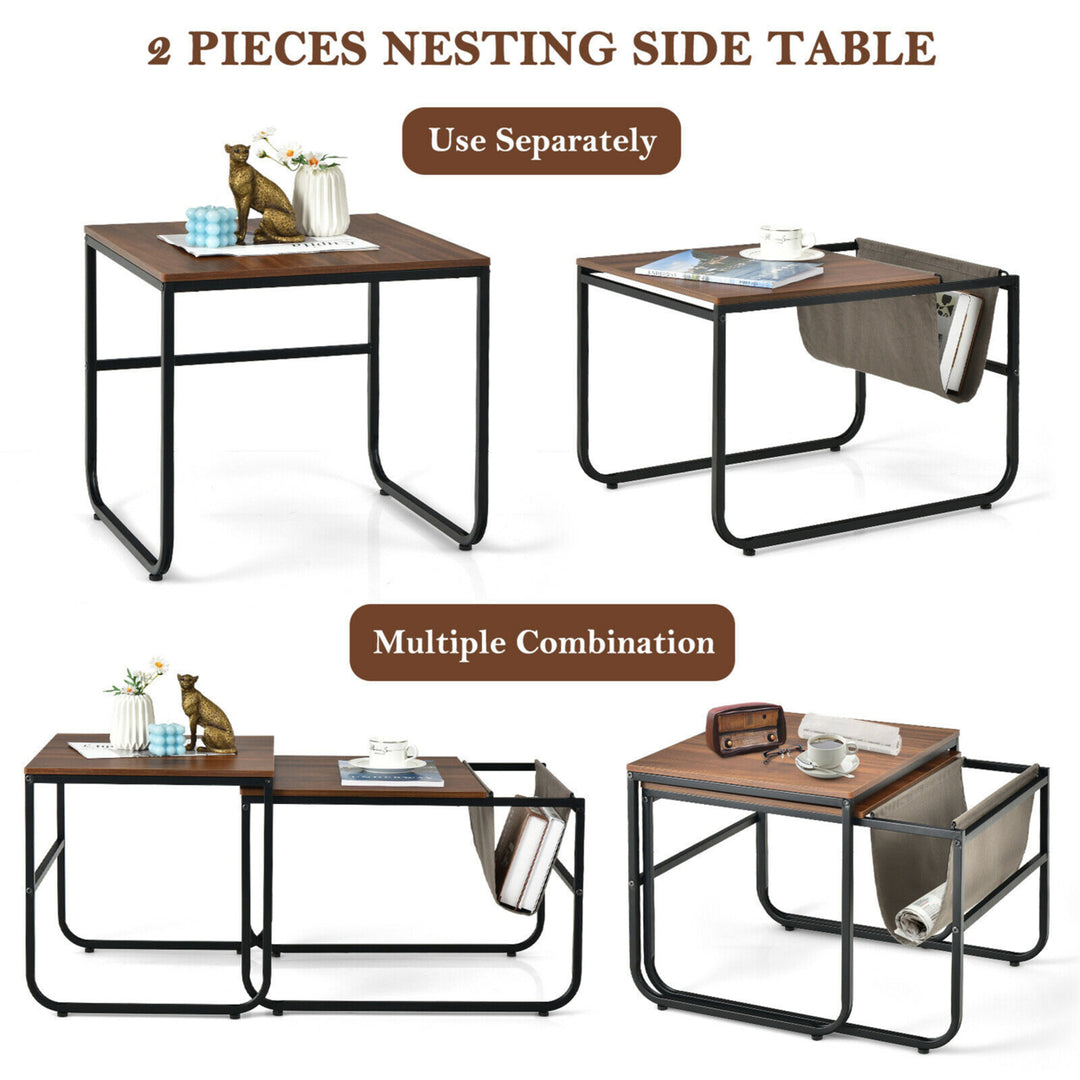 Nesting Coffee Table Set of 2 Industrial Stackable Side Table w/ Magazine Holder Image 6