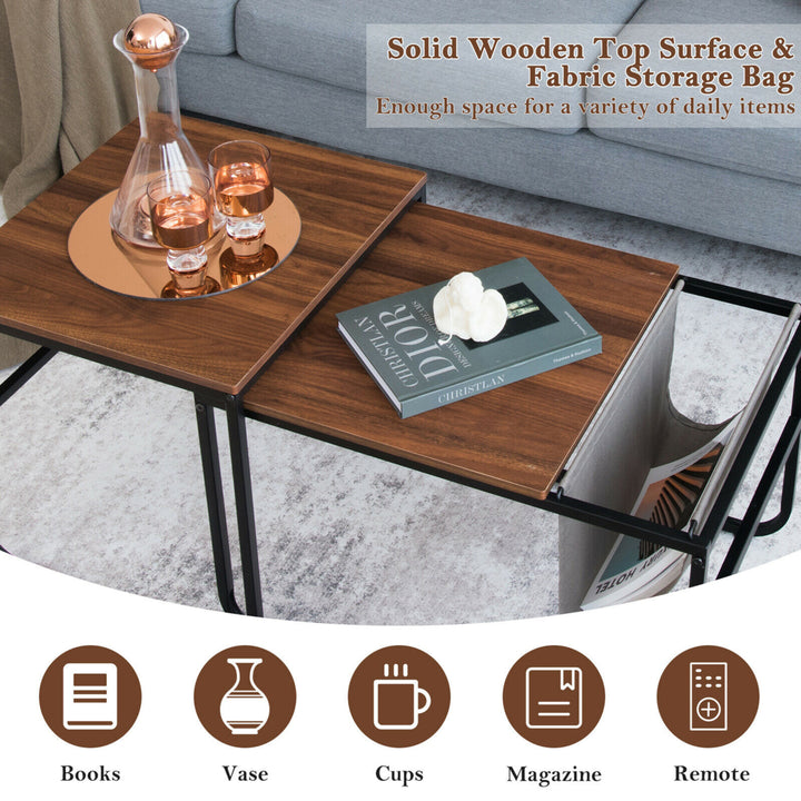 Nesting Coffee Table Set of 2 Industrial Stackable Side Table w/ Magazine Holder Image 8